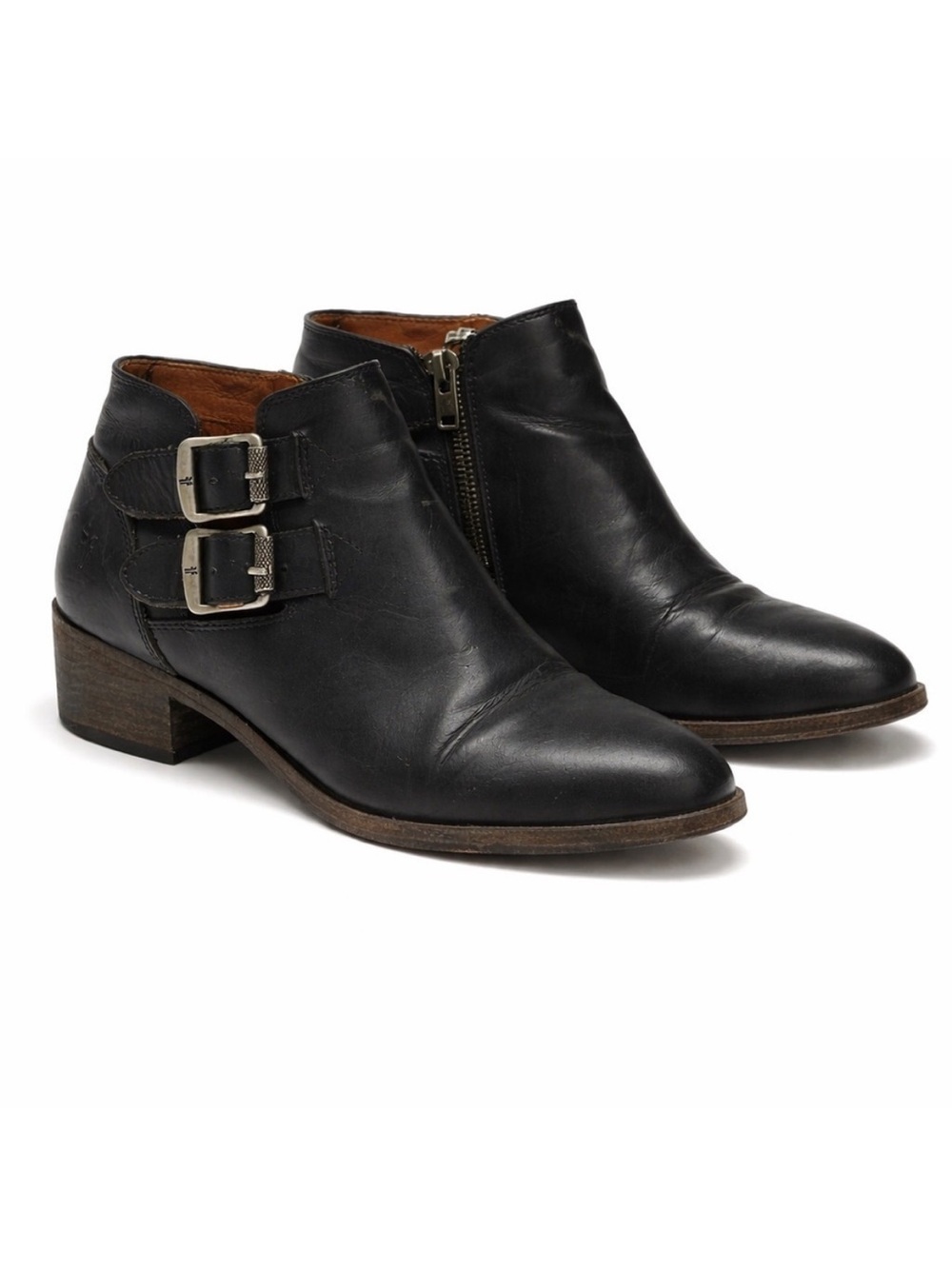 FRYE Ray Double Buckle Black Leather Moto Booties Shooties